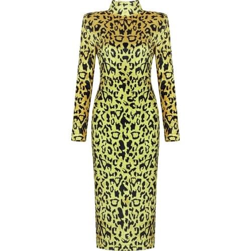 Sexy Women Dress Leopard Print Long Sleeve High Neck Nice Autumn Winter Women Party Clothes Bodycon Maxi Dress