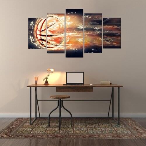 5 Panel Abstract Fire Basketball Posters and Prints Canvas Painting for Kids Bedroom Wall Decor Sport Picture Wall Art Wholesale