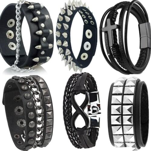 Rinhoo 10 Styles Punk Unisex PU Leather Bracelet Multilayers Rock Spikes Rivet Chains Bracelet For Women Men' Friends Jewelry