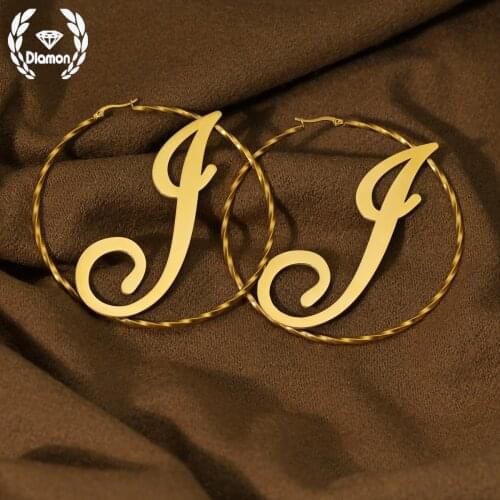 Diamon Personalized Name Stainless Steel Letter Twisted Circle Earrings For Women 3 Color Custom Name Weddings Party Jewelry