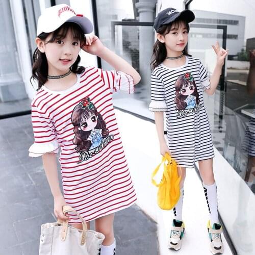 Kids Girls Dress Cotton Striped Short sleeve Girls Clothing summer Casual Children Girls Dress 4 5 6 7 8 9 10 11 12 13 14 Years