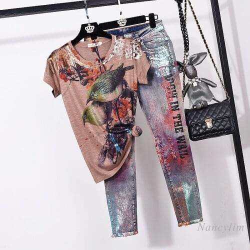 Jeans Sets for Woman 2021 Summer New Female Clothing Printed Short Sleeve Top + Bronzing Denim Skinny Pants Two-Piece Suits