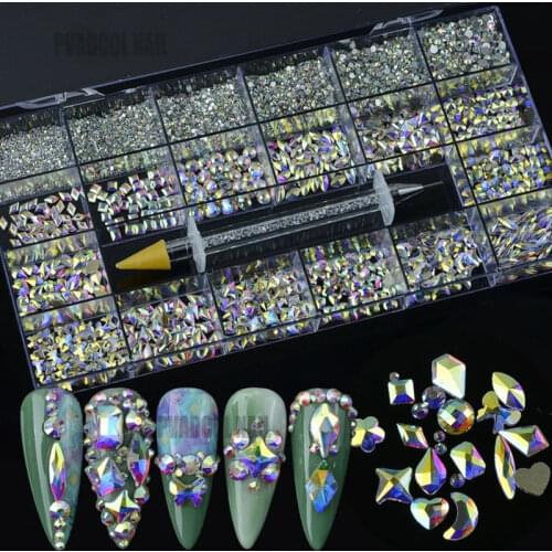 Crystal AB Nail Art Rhinestones Gems Glass FlatBack Glitter Diamond 3D Tips Decoration Mix Shape Salon Supply