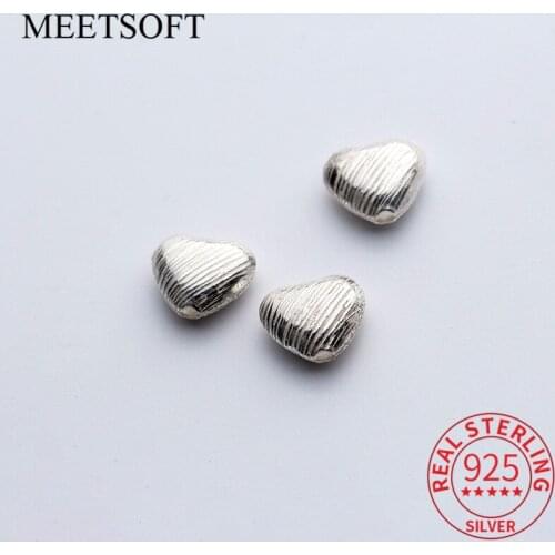 MEETSOFT Romantic 925 Sterling Silver Heart Diagonal texture Space Bead Charms Handmade Of DIY Jewelry wholesale Accessory