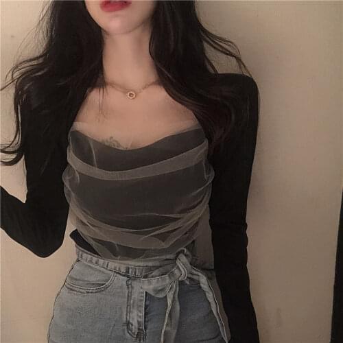 Fashion Women Square Collar Sexy T Shirts Mesh Patchwork 2020 Spring Long Sleeve Casual Slim Bottoming Shirt Sexy Chic Tee Tops