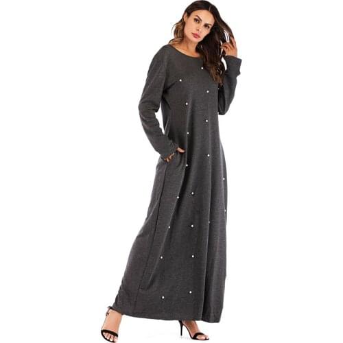 Muslim Beading Abaya Thick Cotton Maxi Dress Cardigan Tunic Long Robe Gowns Jubah Kimono Ramadan Arab Islamic Turkish Worship