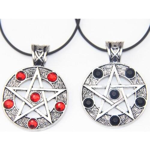 New Fashion Silver Plated Pendant Star Pentagram Necklace Choker Charm Black Red Rhinestone Beads Handmade Jewelry Gift