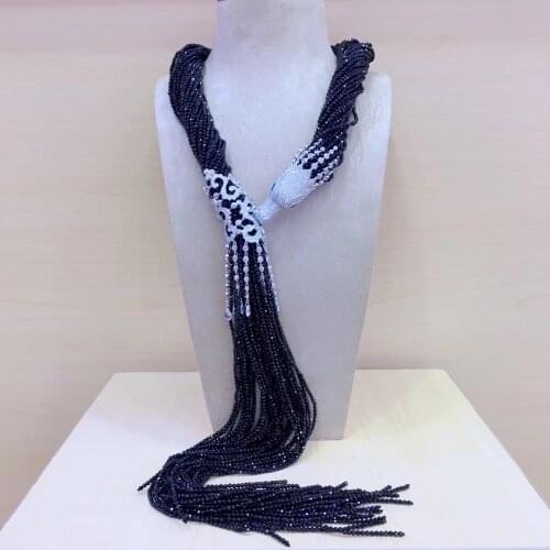 Semi-precious stone necklace long tassels necklace black green color 925 sterling silver with cubic zircon dragon multi layers