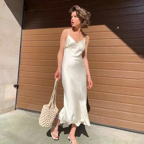 Sexy suspender dress silk face new shoulder strap European and American Dress Lady elegant long skirt summer party dance dress