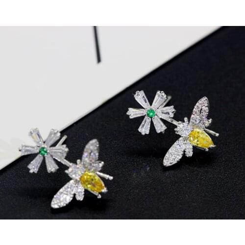 Korean Version Of Ins Bee Flower-Shaped Crystal Insect Earrings Female Fashion College Style Wedding Party Valentine’s Day Gifts
