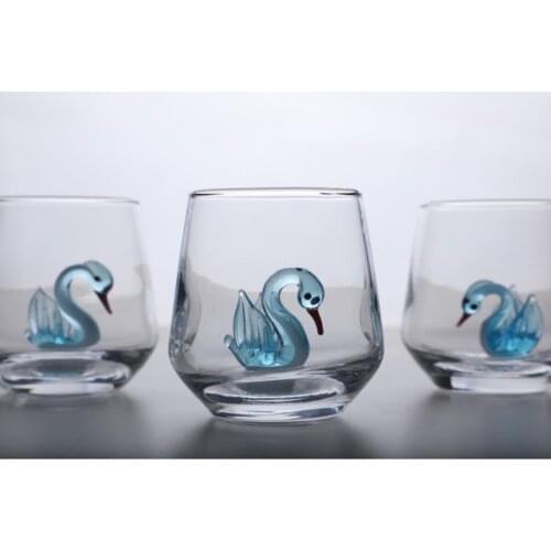 3D Blue Swan Figure in Tumblers 6 Pcs Coffee Side Glass Cup Set Shot Glasses Water Juice Tea Tumblers 95 ml