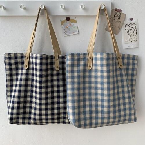 Square Plaid Canvas Bag New Style Lady Shoulder Bag Large Capacity College Wind Students Street Trend Simple Plaid Canvas Bag