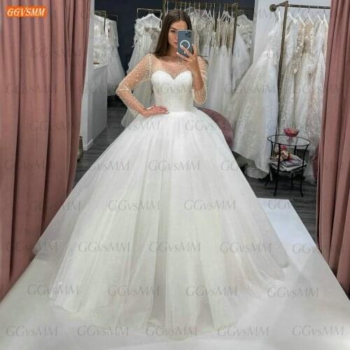 Long Sleeves Beading Wedding Gown 2021 O Neck Robe De Mariée Lace Up Tulle Mariage Bride Dresses Custom Made Vestidos De Noiva
