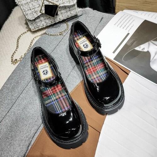 Patent Leather Vintage Platform Mary Janes Shoes Women Plaid Inside High Heel Women Pumps Round Toe Goth Shoes Women