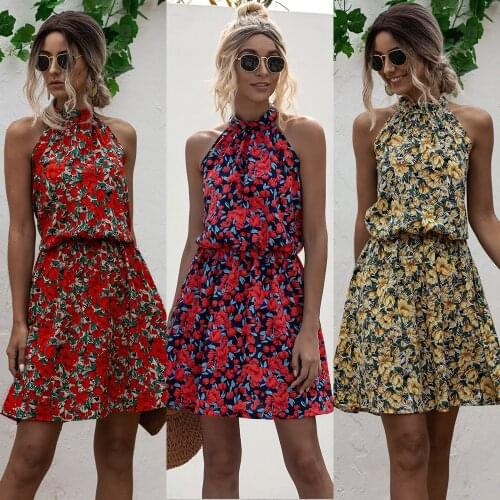Street A-Line Sweet Floral Dress Fashion Sleeveless Neck-Mounted Summer Womens Dress 2021 Above Knee,Mini Robe Femme Vestidos