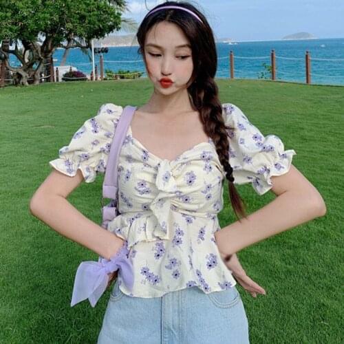 Women\s Floral Print Square Collar Sweet Short Sleeve Shirts 2020