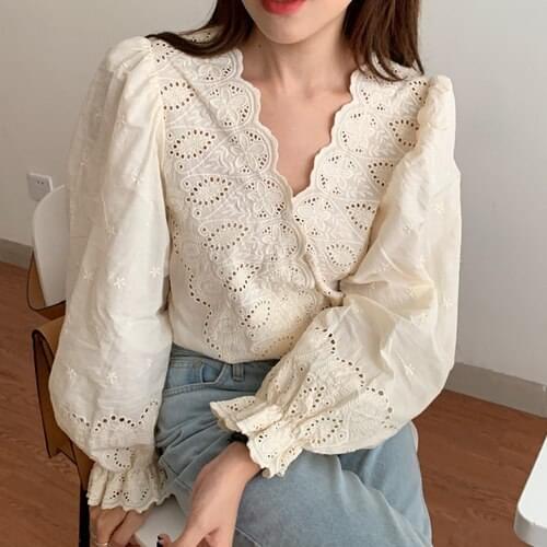 Sexy V-neck Lace Hook Flower Hollow Out Shirt Chic Solid Color Puff Sleeve Women Blouse Single Breasted Femme Blusas