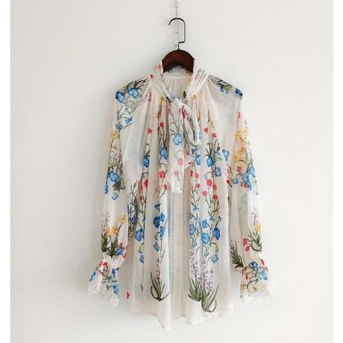 Spring Summer Fashion womens floral print Chiffon Shirts High quality bowtie sweet blouses Top C686