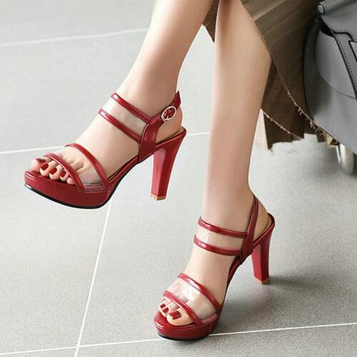 Black Red Sliver Platform Square Heel Women Sandals Fashion Buckle Open Toe Ladies Summer Shoes Big Size 43
