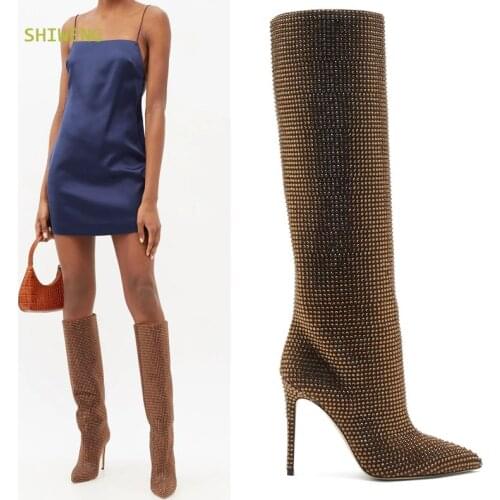 Glitter Crystal Knee High Boots Woman Fashion Pointed Toe Thin High Heels Boots Bling Rhinestone Thigh High Shoes 2021 Spring