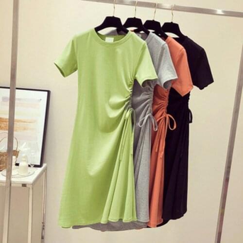 Women O Neck Short Sleeve Drawstring Midi T-Shirt Dress for Summer -OPK