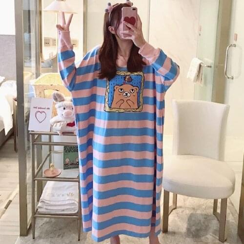 Women Long Sleeve Cartoon Striped Nightgown 2021 Spring New Sleepwear Cotton Print Homewear Soft Nightwear Intimate Lingerie