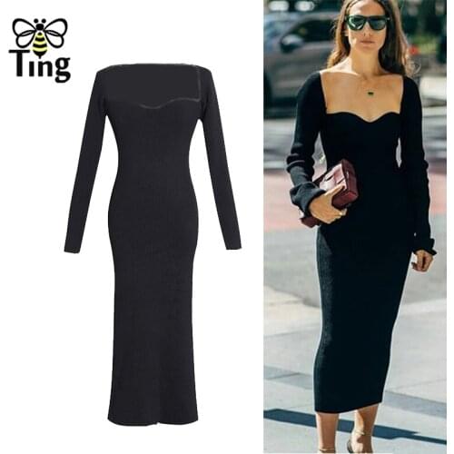 Tingfly Sexy Knitted Dress For Women Square Collar Long Sleeve Bodycon Curve Slim Black Dresses Female Fashion Design Clothing