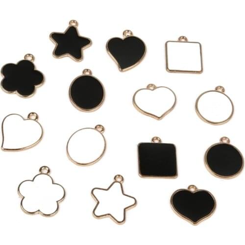 Hot Craft Star/Square/Heart/Flower Enamel Beads Charm Pendant 10pcs Black/White/Mixed Color DIY Earrings Bracelet Jewelry Making