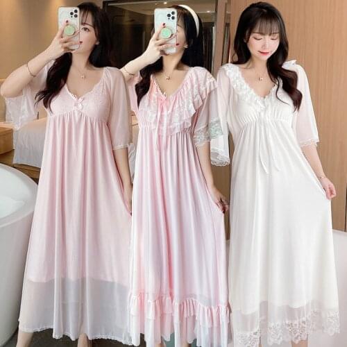 2021 Summer Short Sleeve Sexy Lace V-neck Nightgowns for Women Modal Long Dress Sleepwear Night Dress Nightdress Princess Nighty