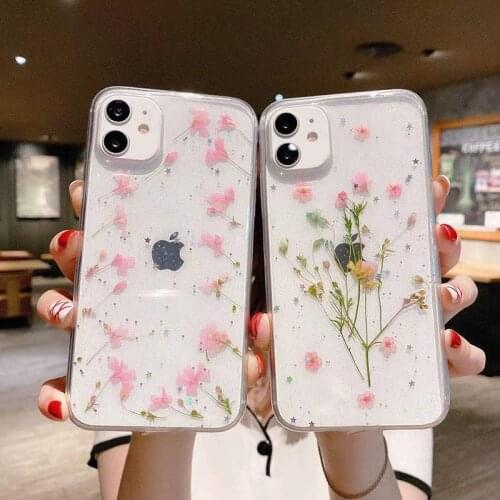 Girl Gift Pink Real Dry Flower Glitter phone case for apple iphone 7 8 Plus X XS XR MAX 11 Pro 12 MiNi Epoxy soft silicon Cover