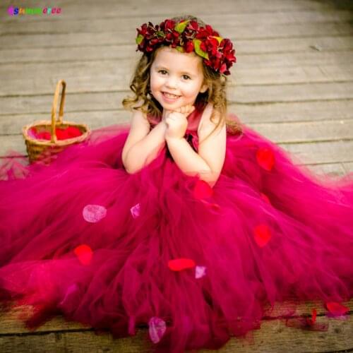 Handmade Burgundy Flower Children Wedding Tutu Dress Girls Vintage Tulle Dress for Party Pageant Ball Gowns Kids Clothes