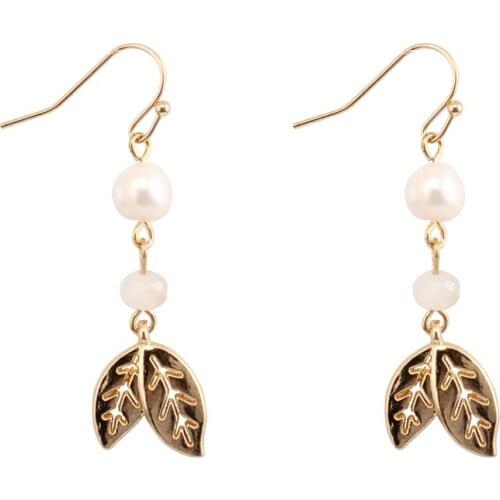 Beadsland long gold plant leaf shape earring pearl long dangle earring trendy elegant delicate women earring jewellery gift