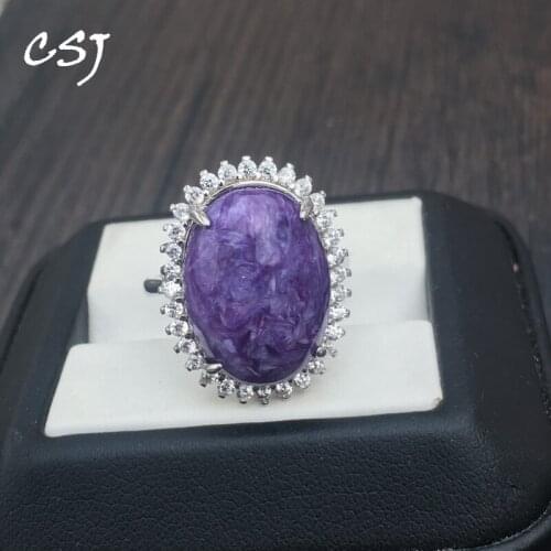 CSJ Natural Charoite gemstone adjustable Diana‘s Ring 925 Sterling Silver oval13*18mm Women or Lady Wedding Engagment best Gift