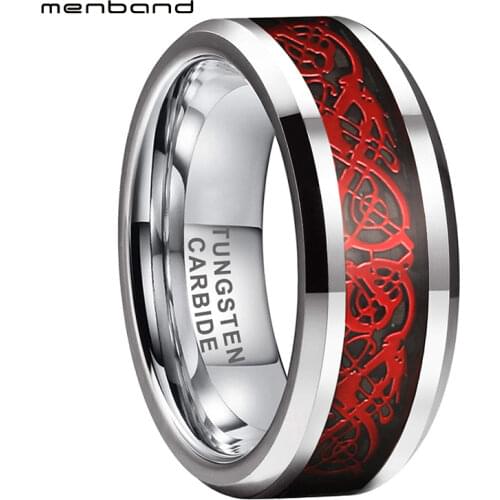 Tungsten Carbide Ring Dragon Ring With Black Carbon Fiber Inlay And Red Dragon Inlay 8MM Comfort Fit