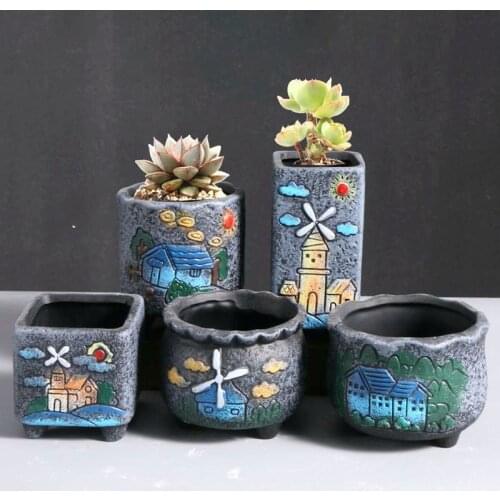 Korean Frosted Texture Ceramic Succulent Flowerpot Hand Painting Retro Pattern Green Plant Pot Home Balcony Creative Gardening