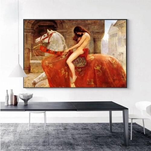 Red Dress Nude Woman Horse Riding Canvas Painting Posters and Prints Cuadros Wall Art Pictures for Living Room Home Decoration