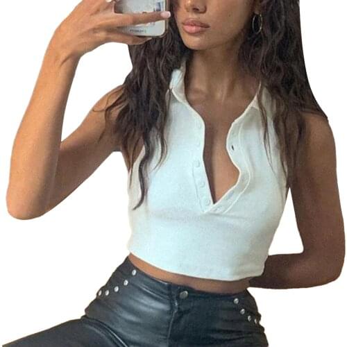 Women Sexy Summer Vacation Tops Women Tank Crop Top Halter Buttons Ribbed V-neck Sleeveless Vest Slim Short Tops