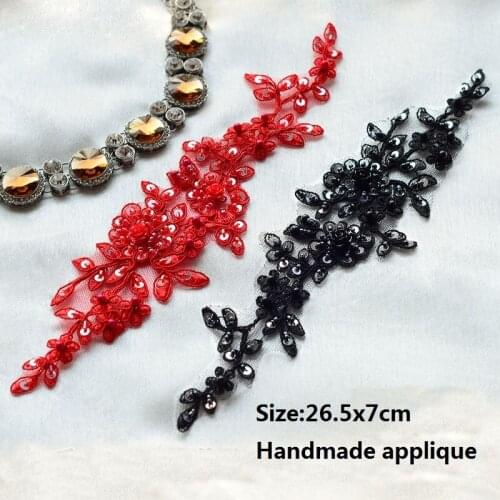 Red/Black Cord Beaded Sequin Lace Applique,Embroidered Floral Alencon Lace Applique With 3D Flowers Sell By One Pair