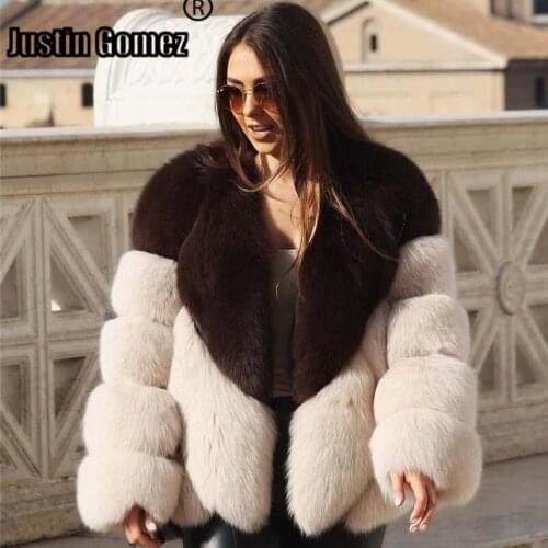 Brand famous Winter Womens Clothes High Fashion Dark Brown Beige Two Toned Coor patchwork warm Thickening Natural fox fur coats