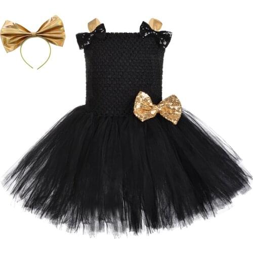 New Girls Tutu Dress With Headband Black Gold Bow-knot Queen Princess Girl Bee Role Play Costume For Halloween Carnival Party
