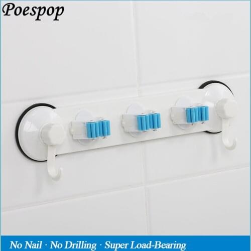 POSEPOP Multifunctional Sucker Hook Mop Holder Wall Mounted 3 Position Kitchen Bathroom Suction Cup Rag/Broom/Mop Rack