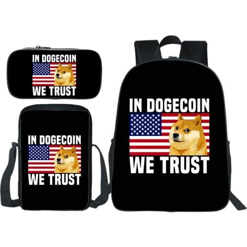 Dogecoin Backpack Fashion Design 3pcs Set Backpack Shoulder Bag Pencil Case Students Cartoon School Bag Mochilas Children Bag