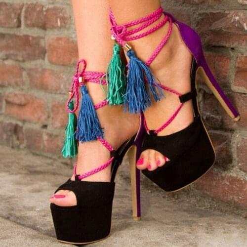 Sexy Lace-up Fringe High Platform Sandals Peep Toe Cut-out Cross Strap Tassel Dress Shoes Super High Heel Summer Shoes Drop Ship