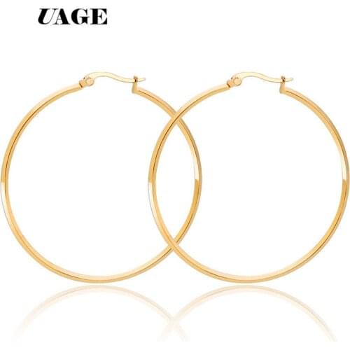 UAGE 2018 Black Silver Color Gold Color Hoop Earrings Big Smooth Circle Earrings Stainless Steel Loop Earrings For Women