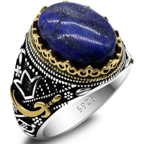 Dark Blue Classic Punk ,ens Natural Lapis Lazuli Ring 925 Sterling Silver Zircon Dagger Turkish Ring Mens Husband Jewelry Gift