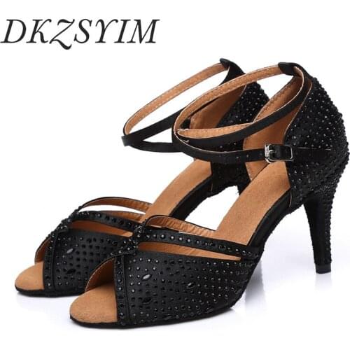 DKZSYIM Latin Dance Shoes For Women/Girls Ballroom Shiny Tango Dance Shoes Spike Heel 10CM Soft Dance Shoes Rhinestone Wholesale