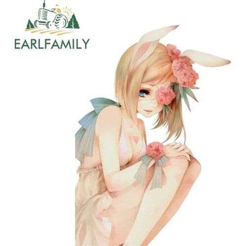 EARLFAMILY 13cm x 9.4cm Waterproof Sunscreen Car Sticker for Cute Bunny Girl Decal Refrigerator Air Conditioner Vinyl Car Wrap