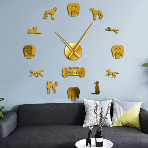 Whippet Dog Breed Saluki DIY Giant Wall Clock Wall Art Mirror Effect Stickers Hanging Timepiece Home Decor Saluki Owners Gift