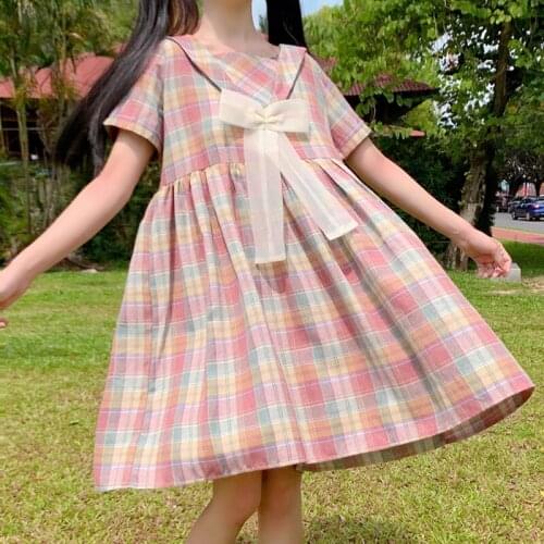 Japanese College Style Sailor Collar Sweet Mesh Bow Short Sleeve High Waist Rainbow Plaid Dress Women Summer lolita dress