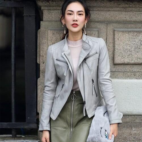 Geniune Women Sheepskin Leather Plus Size Jacket Short Motocycle Outwear Jaqueta De Couro 6661 MF169